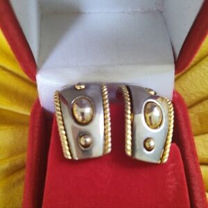 Vtg Cabochon Silver Gold Earrings